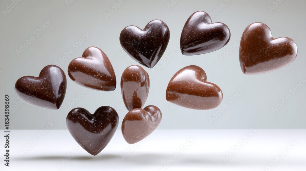 Fototapeta premium A bunch of chocolate hearts are flying through the air. Concept of joy and happiness, as the hearts are a symbol of love and affection. The chocolate hearts are scattered in various positions