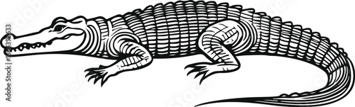 Minimalist crocodile profile drawn with long horizontal lines, emphasizing the elongated body and smooth tail. 2