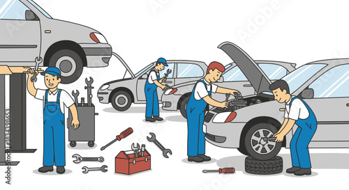 Busy Auto Repair Shop Scene with Mechanics Working on Cars