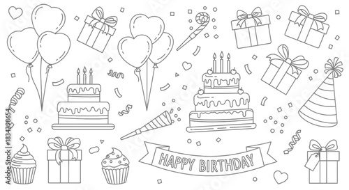 Festive Birthday Celebration Vector Outline Elements Collection Cakes, Balloons, Gifts, and Party Decorations for Happy Events and Invitations