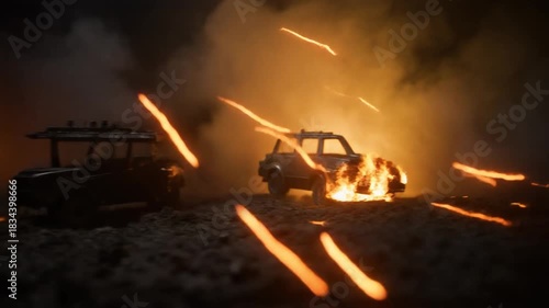 Night battlefield combat, tracer bullets in the dark, burning vehicles, heavy smoke, intense