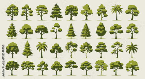 Collection of Various Types of Trees with Lush Green Foliage Isolated on a White Background