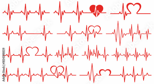 Collection of red heartbeat pulse lines with heart shapes, representing the concept of love, health, and life. Electrocardiogram EKG wave vector set on a white background