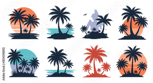 Tropical Palm Tree Island Silhouettes at Sunset and Sunrise Vector Graphic Set