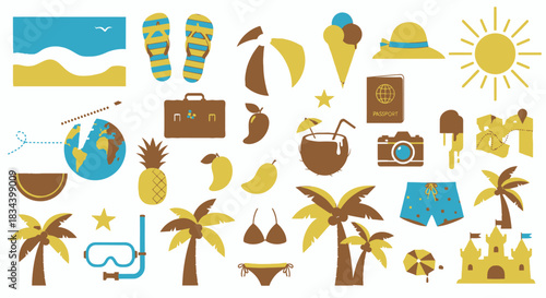 Collection of summer vacation and travel-related icons including beachwear, tropical fruits, luggage, and sun symbols for a vibrant getaway theme