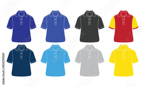 Eight colorful vector illustrations of polo shirts in various shades of blue, black, grey, red, and yellow, presented on a white background. This collection showcases different color options.