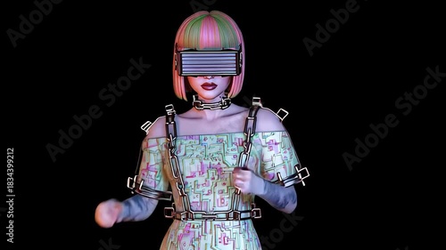 Futuristic Cyberpunk Robot in Virtual Reality with Techwear and Neon Colors - AI Digital Art Avatar in a Dystopian Metaverse