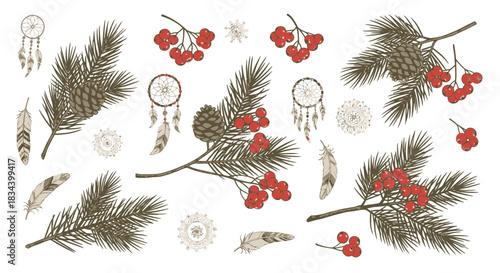 Rustic Botanical and Spiritual Elements Collection Hand-Drawn Pine Branches, Red Berries, Feathers, and Dreamcatchers for Nature-Inspired Design