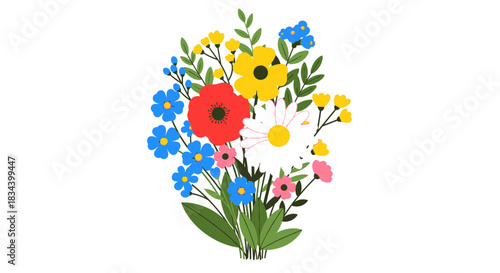 A beautiful bouquet of colorful spring wildflowers. Vector graphic illustration of a floral arrangement with poppies and daisies on an isolated background