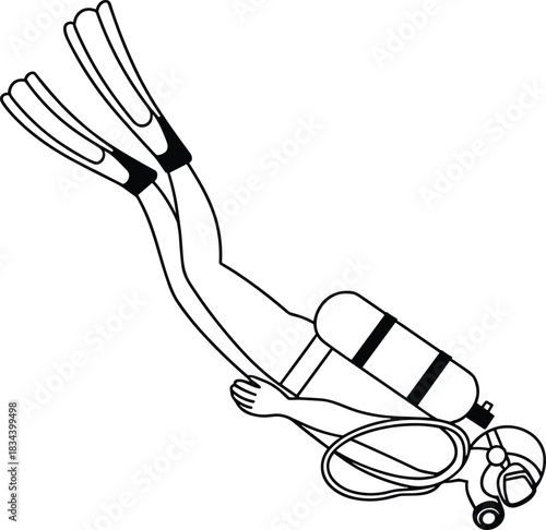 Scuba diver swimming underwater with oxygen tank, professional diving equipment illustration, deep sea exploration concept, aquatic adventure line art vector