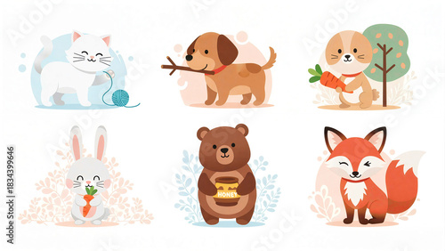 Cute Cartoon Animal Set – Cat, Dog, Bunny, Bear, Fox – Adorable Kawaii Character Collection
