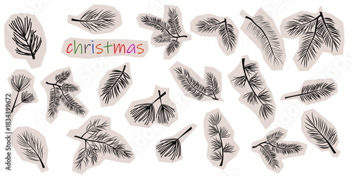 Christmas retro sticker, scrapbooking pine trees, winter fir branch Floral festive branch isolated on white background Vector illustration New Year's decor Cut out of paper