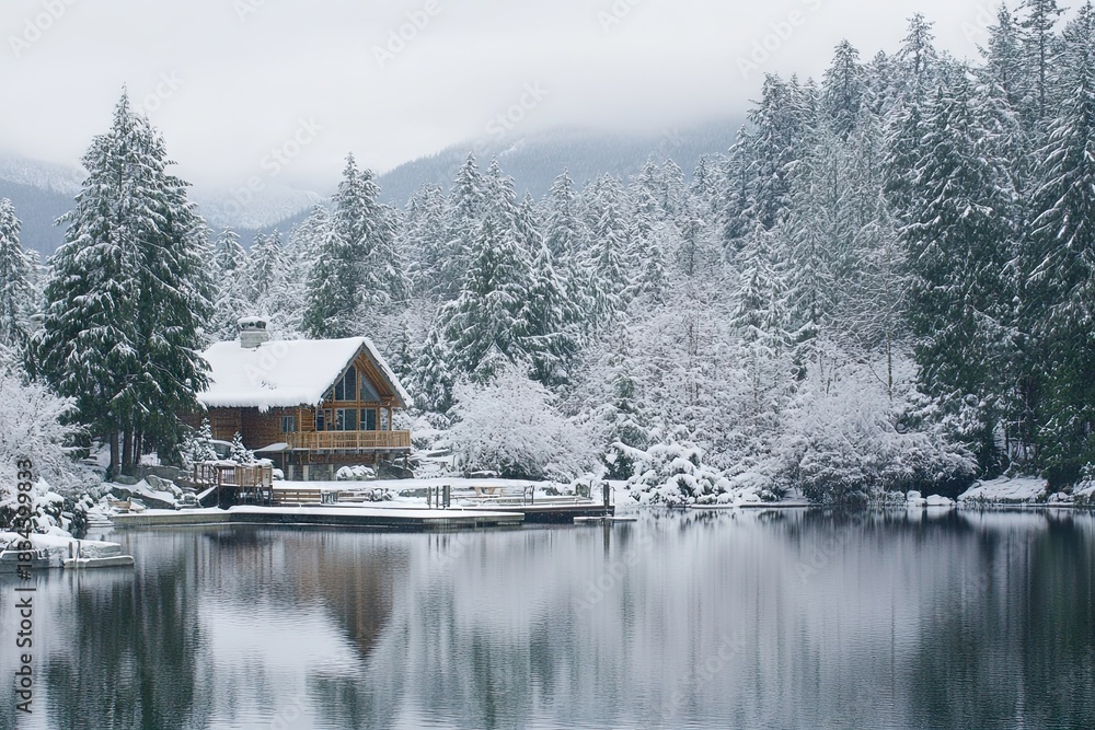 Fototapeta premium Photograph of Whistler in winter, with snow-covered pine trees and a cabin with a dock on a lake