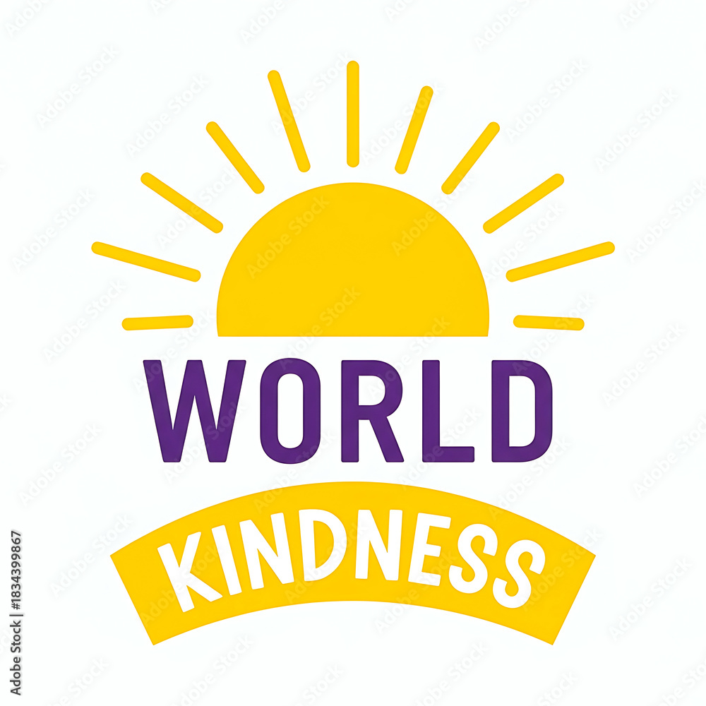 Fototapeta premium Bright sun rays shine down on the words world kindness in bold purple and yellow