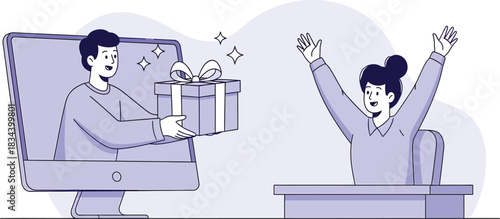 Excited person receives a surprise gift from a computer screen, celebrating the joy of online surprises.