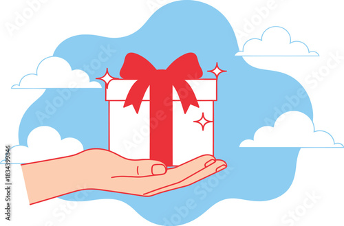 A hand gently offers a bright, festive gift box with a red ribbon against a sky background.