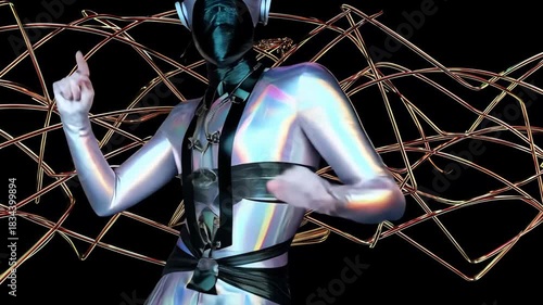 Futuristic Neon Silhouette: Abstract Robotic Performance Art in Modern Fashion with Metallic Suits and Cybernetic Expressions