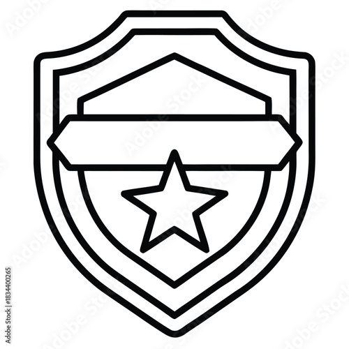 Outline icon of a shield with a star and ribbon on a white background badge emblem