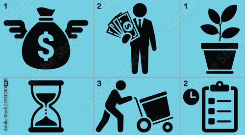 business finance growth money time management checklist vector icons set, collection of icons for money, charts, clock, checklist, and financial planning, suitable for corporate, finance, investment, 