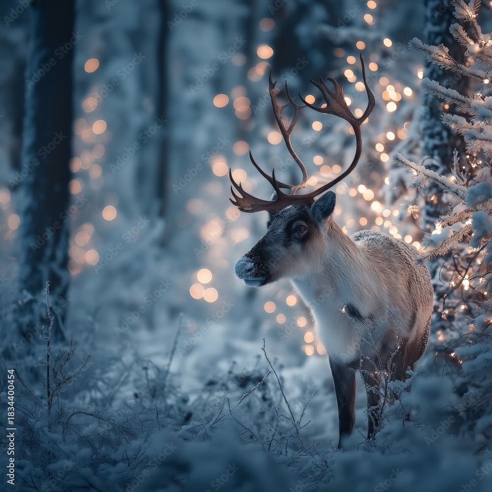 Naklejka premium Reindeer standing in snowy forest with magical Christmas lights. Reindeer standing in deep snow, illuminated by magical Christmas lights in a winter forest