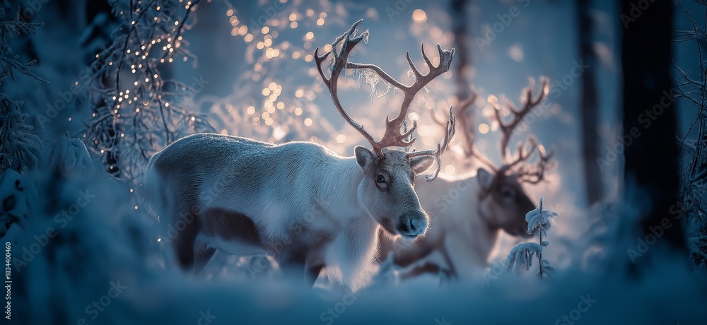 Naklejka premium Reindeer standing in snowy forest with magical Christmas lights. Reindeer standing in deep snow, illuminated by magical Christmas lights in a winter forest