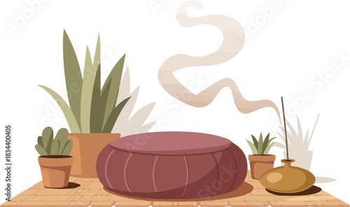 Meditation cushion with plants incense burner for relaxation yoga studio calming zen atmosphere interior design with natural wellness concept