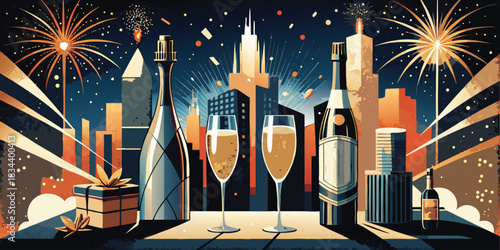 Champagne celebration with city skyline and fireworks at night