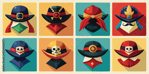 Collection of eight stylized historical hats and headwear designs