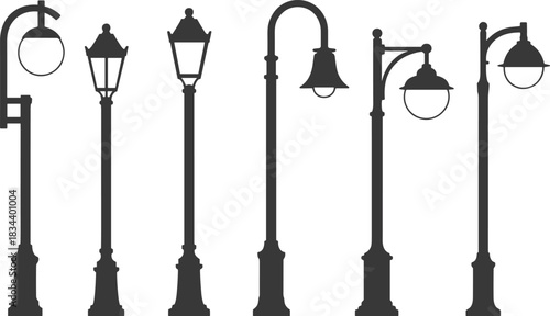 Assortment of Seven Ornate Street Lamp Silhouettes on White Background lamppost lighting