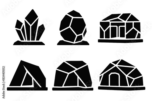 Futuristic Stone Structures. Solid style icons of futuristic stone structures: geometric crystal base, faceted mineral pod,