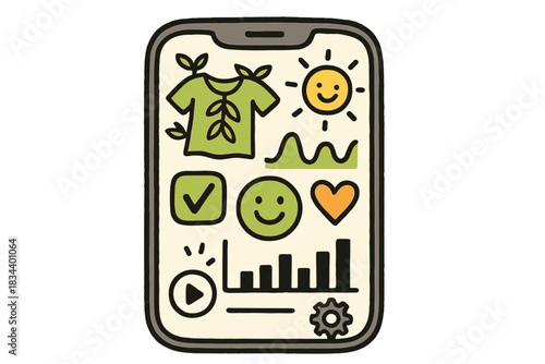 Vibrant Plant Clothes Interface. Playful doodle vector of phone app interface displaying cheerful vitality readings from living
