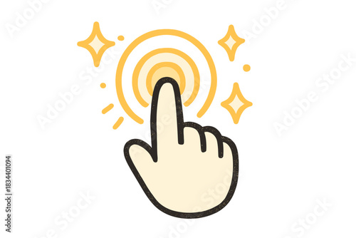 Interactive Touch Icon. A touchscreen icon with a friendly finger pressing a button, glowing doodle ripple and happy sparkles