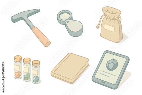 Mineralogy Field Tools. Isometric vector illustration set of mineralogy field tools: rock hammer, hand lens magnifier, specimen