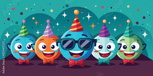 Happy cartoon characters wearing party hats and bow ties celebrating