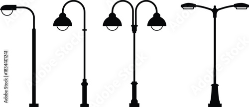 Collection of black silhouette street lamps on white background lamppost lighting