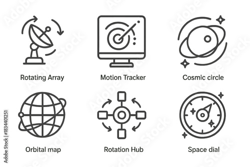 Space Monitoring Icons. Line style icons of spinning station monitoring: rotating array, motion tracker, cosmic circle, orbital