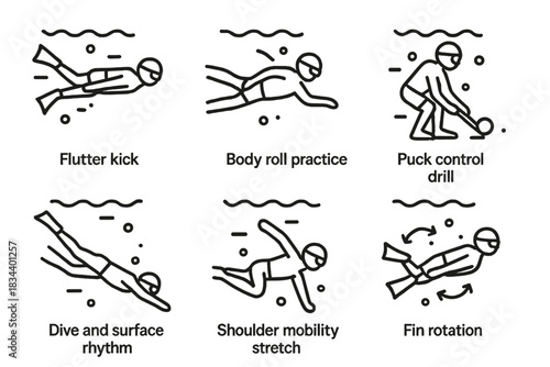 Underwater Exercise Icons. Line style icons of underwater warm-ups: flutter kick set, body roll practice, puck control drill, dive
