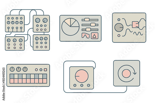 Electronic Music Creation. Isometric vector illustration set of electronic music creation: connected synthesizer modules, tone