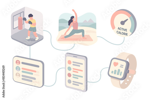 Connected Fitness Icons. Isometric vector illustration set of connected training icons: cardio boxing in virtual gym, yoga flow in