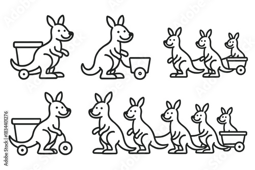 Joyful Marsupial Transport. Icons for: smiling marsupial vehicle arrangements, joyful kangaroo-led carts, cheerful pouch-animal