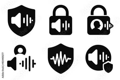 Voice Security Icons. Solid style icons of voice ID security: voiceprint icon with shield, biometric audio lock, vocal recognition