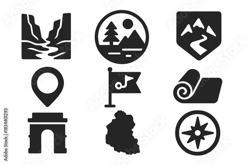 Tour Destination Icons. Solid style icons of local tour destinations: quicksand valley glyph, national park icon, trail badge.