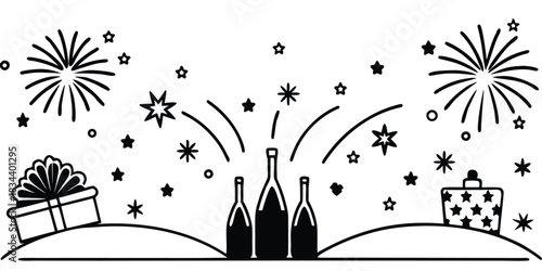 Celebration with champagne bottles fireworks and gift boxes