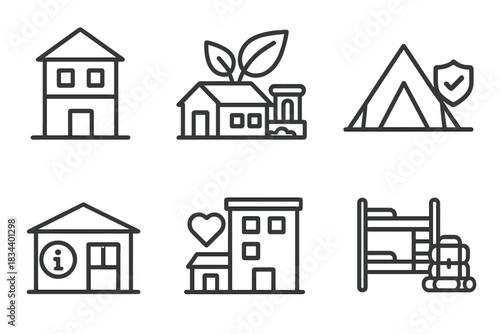 Tourist Accommodation Icons. Line style icons of tourist accommodations nearby: basic hostel icon, eco-lodge near site, safe zone