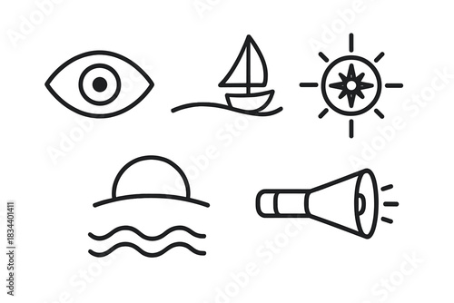 Voyage Line Symbols. Line style icons of seeing voyage: eye symbol, sailing path, horizon curve, radiant compass, wave motion,