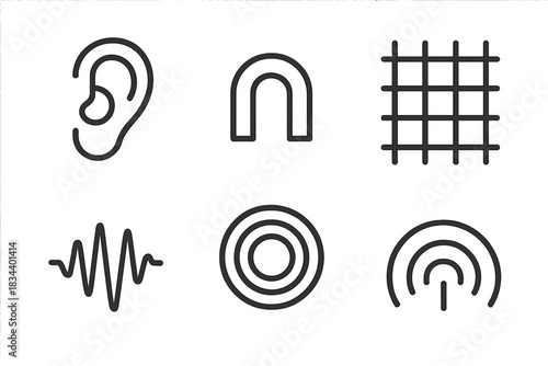 Auditory Framework Icons. Line style icons of auditory framework groove: ear shape, curved channel, linear mesh, sound vibration,