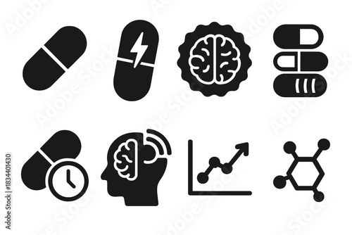 Nootropic Icon Collection. Solid style icons of nootropic-based hacking: smart pill glyph, focus boost capsule, brain enhancer