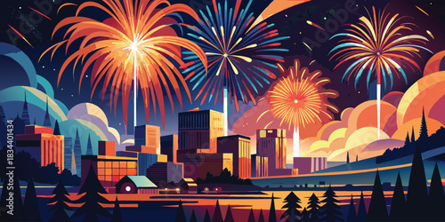 Vibrant city skyline illuminated by spectacular fireworks display