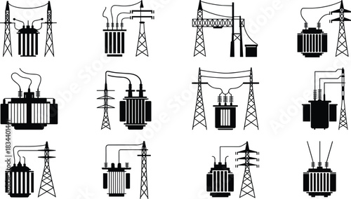 Collection of electrical transformer and power line tower icons in black silhouette electricity substation