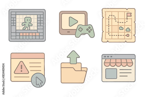 Game Development Workflow. Isometric vector illustration set of 2D game production workflow: sprite animator window, test build